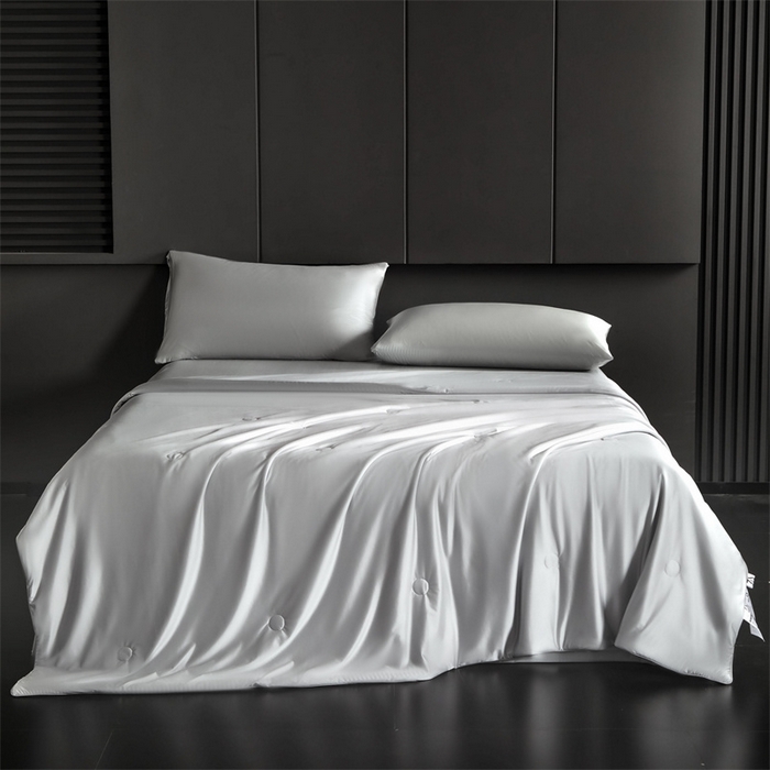 91家纺网 家纺一手货源 找家纺 雯豆家纺 2025夏季新品锦纶+氨纶高档冰丝凉感夏被空调被7A抗菌薄被芯 冰芙绸夏被-月光灰