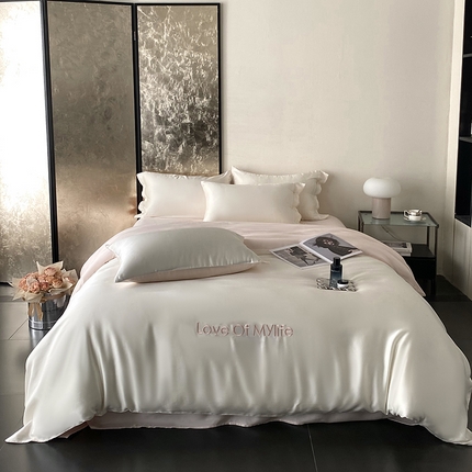 优悦 2025新款冰丝印花刺绣双拼四件套-漫心 雪山白