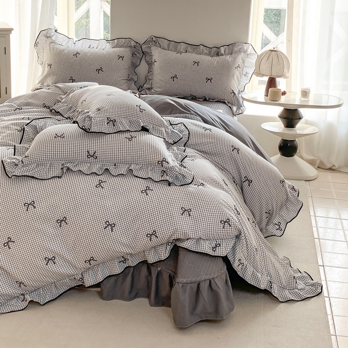 91家纺网 家纺一手货源 找家纺 仟网汇 2025新款赫本针织双层纱床盖四件套 小香风