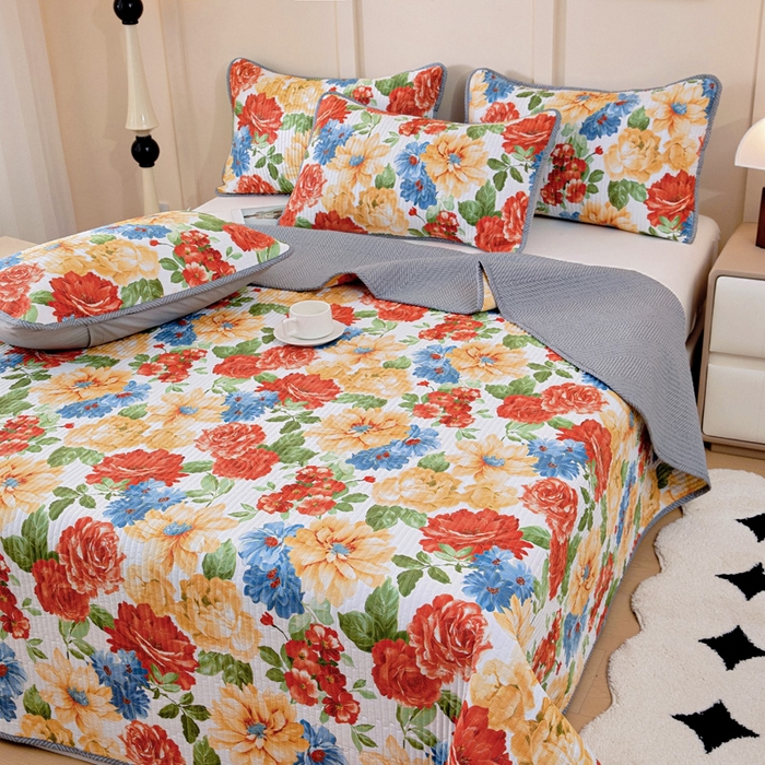 91家纺网 家纺一手货源 找家纺 情煊家纺 2025新款双面全棉夹棉床盖三件套 锦绣年华