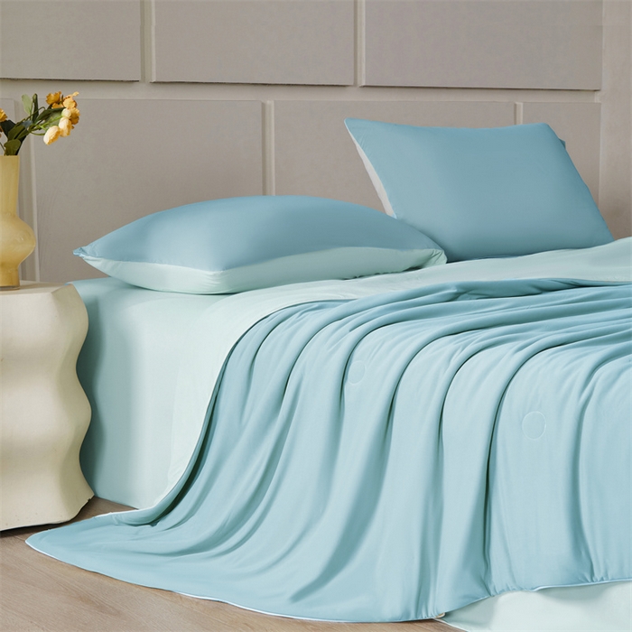 91家纺网 家纺一手货源 找家纺 雯豆家纺 2025夏季新品7A抗菌氨纶凉感丝夏凉被冰丝双人抑菌薄款透气薄被芯 冻冻凉感夏被-云天蓝+星云蓝