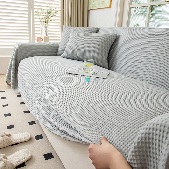 91家纺网 家纺一手货源 找家纺 沐沐家纺 2026新款冰豆豆华夫格沙发巾 灰色