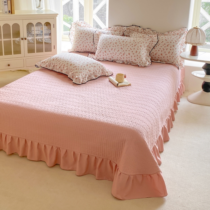 91家纺网 家纺一手货源 找家纺 仟网汇 2025新款赫本针织双层纱床盖四件套 花季