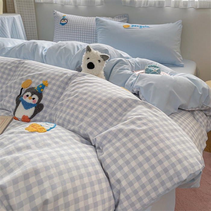 91家纺网 家纺一手货源 找家纺 星座家纺 2025新款水洗棉毛巾绣四件套 精灵企鹅