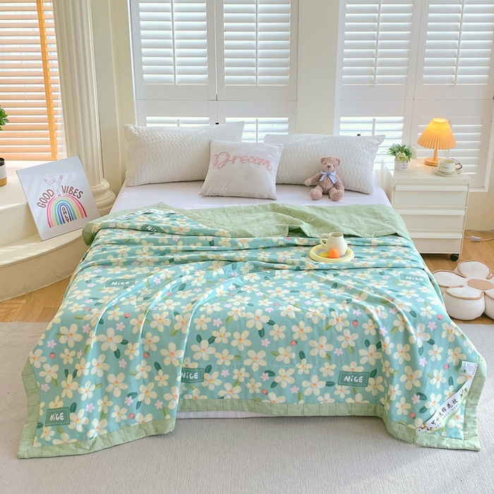 91家纺网 家纺一手货源 找家纺 （自己工厂 有网销大热款 网销帮推可合作优惠）2025新款全棉夏被空调被夏凉被纯棉夏季儿童棉花薄被子 花满城-绿