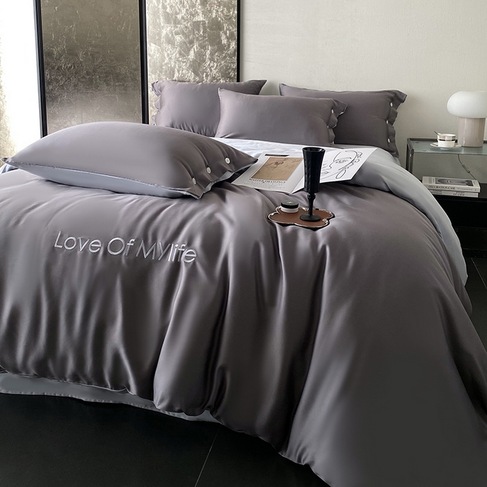 91家纺网 家纺一手货源 找家纺 优悦 2025新款冰丝印花刺绣双拼四件套-漫心 流光灰