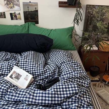 91家纺网 家纺一手货源 找家纺 恋恋三季2025新款春季全棉色织格子混搭四件套-半冷西海岸 半冷西海岸（枕套BV绿）