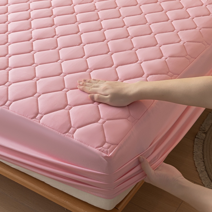 91家纺网 家纺一手货源 找家纺 梵克保罗 2025新款纯色加棉防水大豆纤维床笠 藕粉