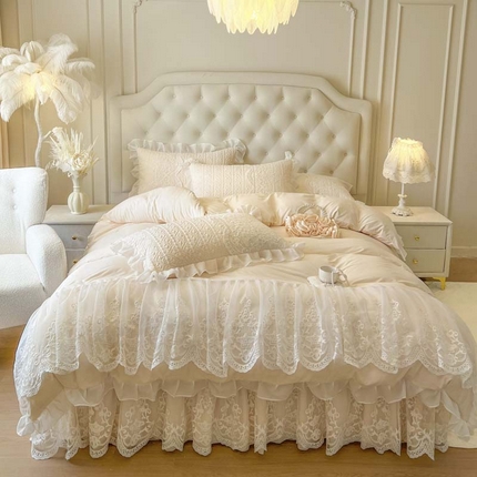 恋尚 2025新款木凉淳浪漫蕾丝床裙四件套-米朵 米朵-米黄