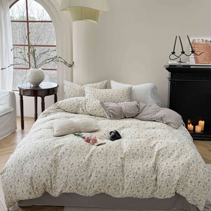 91家纺网 家纺一手货源 找家纺 时年家纺 2025春夏新款全棉纯棉有氧双层纱四件套-碎花系列 秋月白