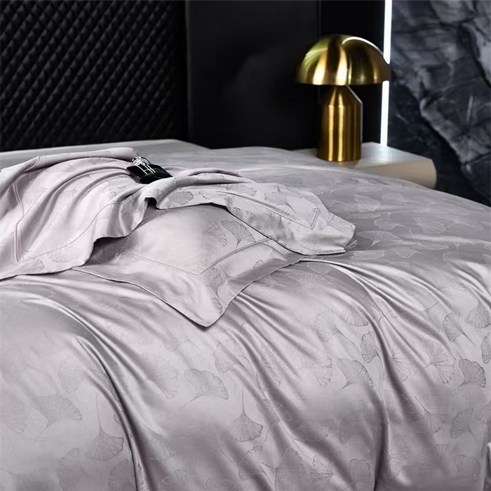 91家纺网 家纺一手货源 找家纺 优品阁 2024新款长绒棉贡缎提花--欧式轻奢提花系列叶叶情深-淡雅灰