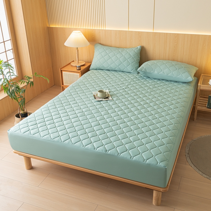 91家纺网 家纺一手货源 找家纺 梵克保罗 2025新款纯色加棉防水大豆纤维床笠 樊星蓝