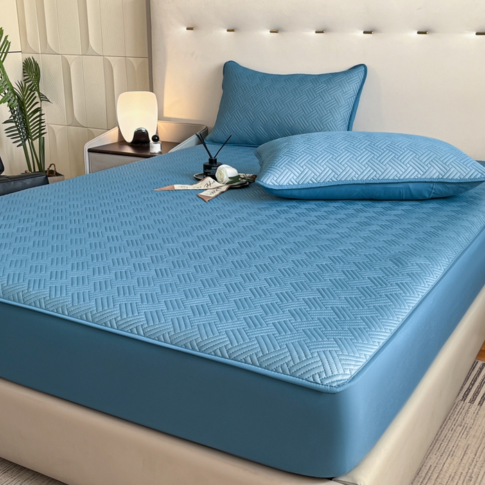 91家纺网 家纺一手货源 找家纺 梵克保罗 2025新款凉感丝床笠凉席三件套--饼干系列 蓝色