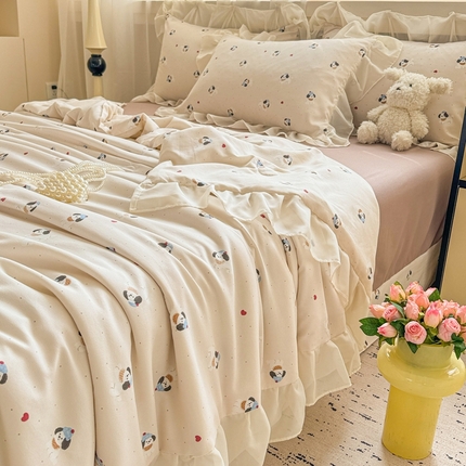 91家纺网 家纺一手货源 找家纺 芯贝儿 2025新款提花针织水洗m双层纱夏被四件套 爱心狗