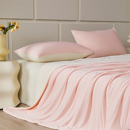 雯豆家纺 2025夏季新品7A抗菌氨纶凉感丝夏凉被冰丝双人抑菌薄款透气薄被芯 冻冻凉感夏被-白桃粉+暖米色