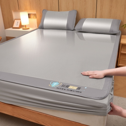 航途席业 2025新款冰藤席凉席三件套包边抗菌刺绣款冰藤凉席 抗菌纯色冰藤床笠-灰色