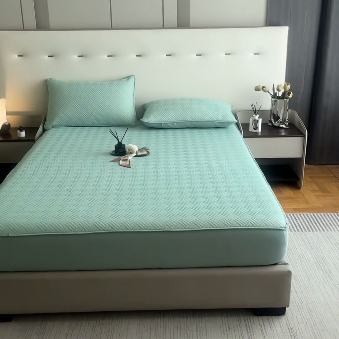 91家纺网 家纺一手货源 找家纺 梵克保罗 2025新款凉感丝床笠凉席三件套--饼干系列 绿色