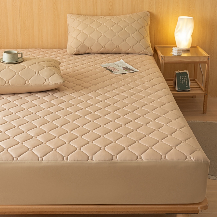 91家纺网 家纺一手货源 找家纺 梵克保罗 2025新款纯色加棉防水大豆纤维床笠 米咖