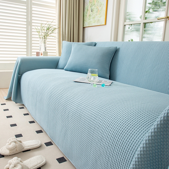 91家纺网 家纺一手货源 找家纺 沐沐家纺 2026新款冰豆豆华夫格沙发巾 蓝色