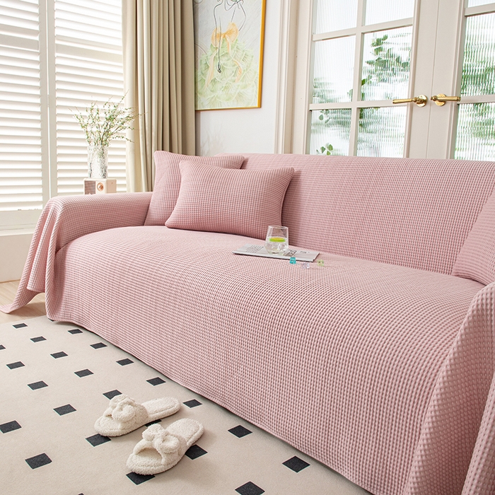 91家纺网 家纺一手货源 找家纺 沐沐家纺 2026新款冰豆豆华夫格沙发巾 粉色