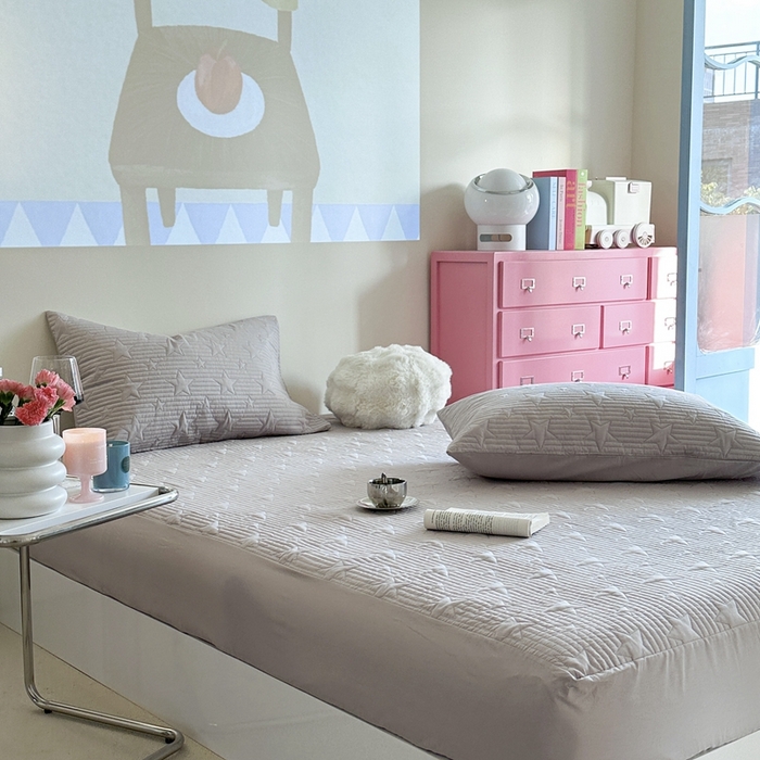 91家纺网 家纺一手货源 找家纺 漫调家纺 2025新款全棉星星床笠 繁星灰