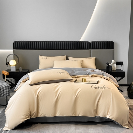 91家纺网 家纺一手货源 找家纺 2025新款水洗磨毛刺绣四件套-慕斯 奶茶色+中灰