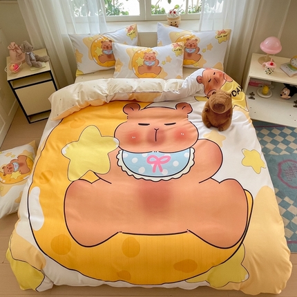 博雅 2025新款全棉大版印花四件套-卡皮巴拉 晚安卡皮巴拉