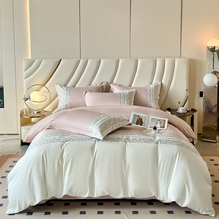 91家纺网 家纺一手货源 找家纺 yyds网供 2025新款礼盒装水洗冰丝拼接刺绣法式奢四件套AB版双拼春夏[礼盒装，会员-5] 绣花拼接-豆沙紫