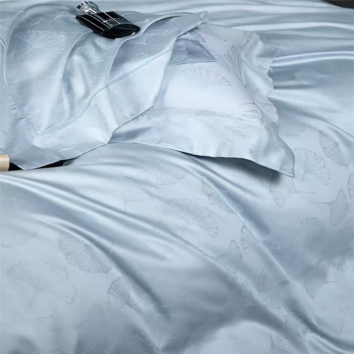 91家纺网 家纺一手货源 找家纺 优品阁 2024新款长绒棉贡缎提花--欧式轻奢提花系列叶叶情深-海洋蓝