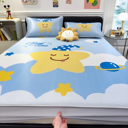 丝羽坊 2025新款大版印花冰丝凉席冰丝席碳光冰丝凉席-床笠款 调皮宝贝