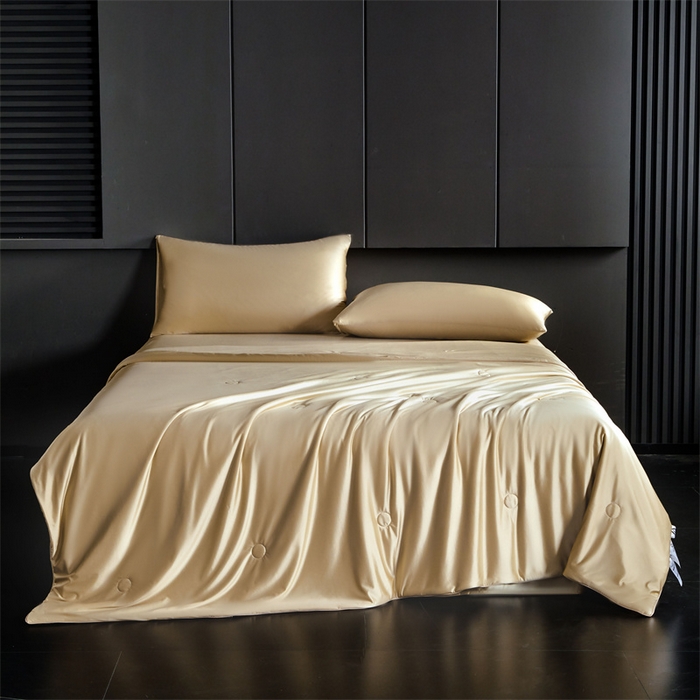 91家纺网 家纺一手货源 找家纺 雯豆家纺 2025夏季新品锦纶+氨纶高档冰丝凉感夏被空调被7A抗菌薄被芯 冰芙绸夏被-琥珀金