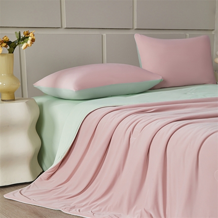 雯豆家纺 2025夏季新品7A抗菌氨纶凉感丝夏凉被冰丝双人抑菌薄款透气薄被芯 冻冻凉感夏被-烟霞粉+梅子青