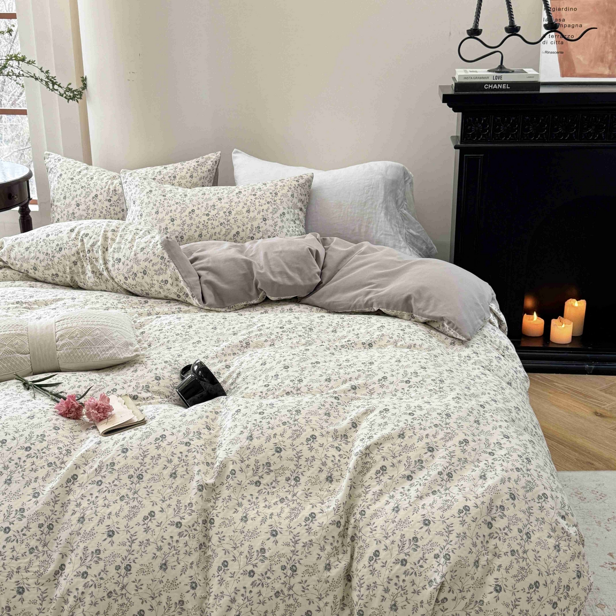 91家纺网 家纺一手货源 找家纺 时年家纺 2025春夏新款全棉纯棉有氧双层纱四件套-碎花系列 秋月白