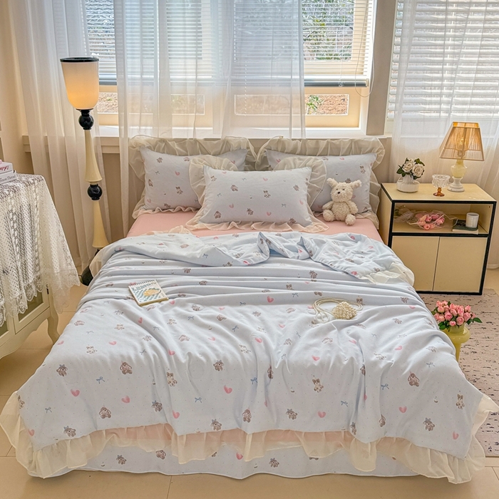 91家纺网 家纺一手货源 找家纺 芯贝儿 2025新款提花针织水洗m双层纱夏被四件套 萌宠