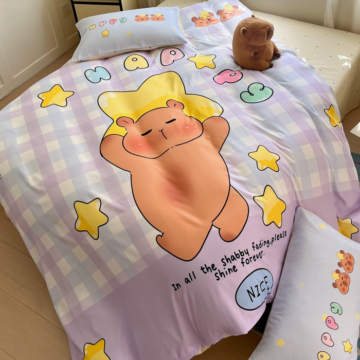 91家纺网 家纺一手货源 找家纺 博雅 2025新款全棉大版印花四件套-卡皮巴拉 星星卡皮巴拉