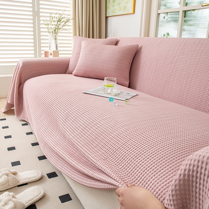 91家纺网 家纺一手货源 找家纺 沐沐家纺 2026新款冰豆豆华夫格沙发巾 粉色