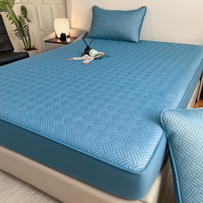 91家纺网 家纺一手货源 找家纺 梵克保罗 2025新款凉感丝床笠凉席三件套--饼干系列 蓝色