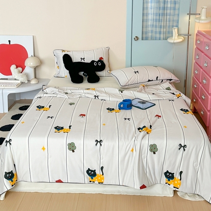 一加一 2025A类牛奶丝针织棉印花大豆夏被 酷酷小猫咪