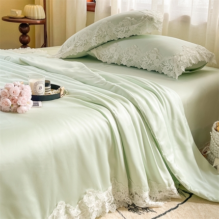 雯豆家纺 2025夏季新品天丝蕾丝花边款夏被四件套夏天凉感薄被空调被 米娅-山茶绿