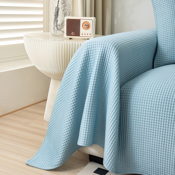 91家纺网 家纺一手货源 找家纺 沐沐家纺 2026新款冰豆豆华夫格沙发巾 蓝色