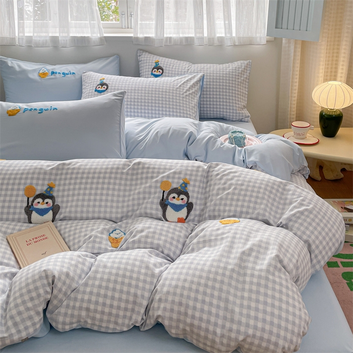 91家纺网 家纺一手货源 找家纺 星座家纺 2025新款水洗棉毛巾绣四件套 精灵企鹅