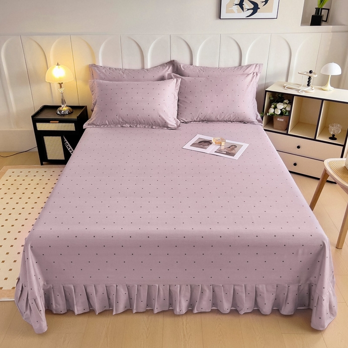 91家纺网 家纺一手货源 找家纺 2025新款全棉花边款床单 紫圆点