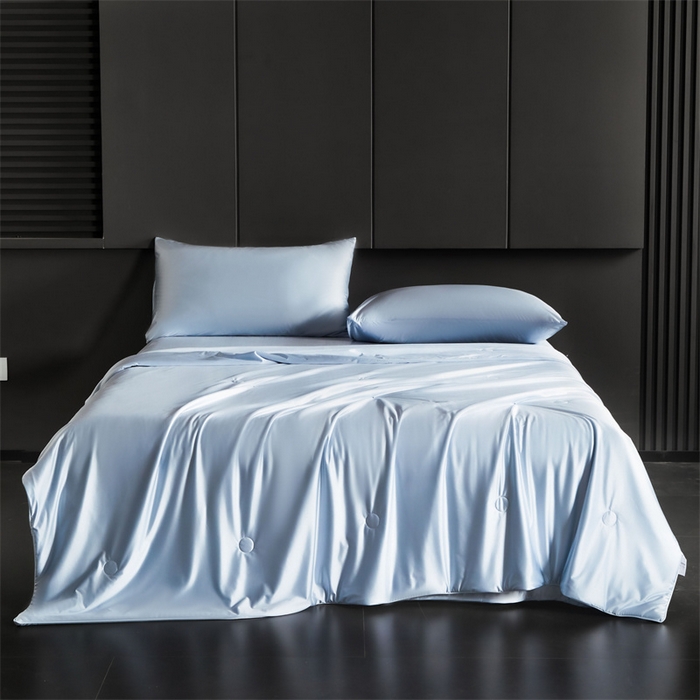 91家纺网 家纺一手货源 找家纺 雯豆家纺 2025夏季新品锦纶+氨纶高档冰丝凉感夏被空调被7A抗菌薄被芯 冰芙绸夏被-挪威蓝