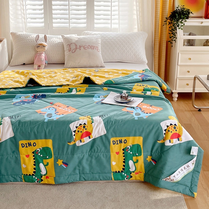 91家纺网 家纺一手货源 找家纺 （自己工厂 有网销大热款 网销帮推可合作优惠）2025新款全棉夏被空调被夏凉被纯棉夏季儿童棉花薄被子 恐龙家族-绿
