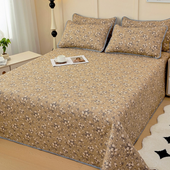 91家纺网 家纺一手货源 找家纺 情煊家纺 2025新款双面全棉夹棉床盖三件套 茶野