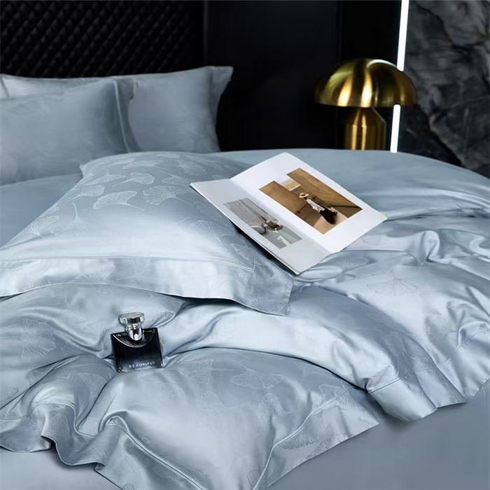 91家纺网 家纺一手货源 找家纺 优品阁 2024新款长绒棉贡缎提花--欧式轻奢提花系列叶叶情深-海洋蓝