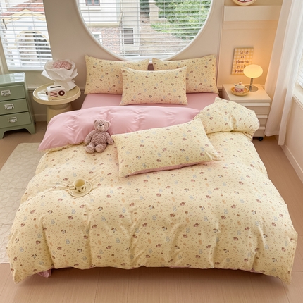 91家纺网 家纺一手货源 找家纺 （买家秀爆款花型不断货）2025年新款A类母婴级针织棉双层纱印花被套三件套全棉纯棉被套纯色床笠四件套 欢乐颂