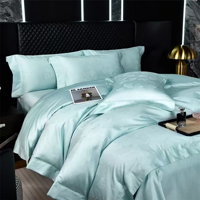 91家纺网 家纺一手货源 找家纺 优品阁 2024新款长绒棉贡缎提花--欧式轻奢提花系列叶叶情深-月光蓝