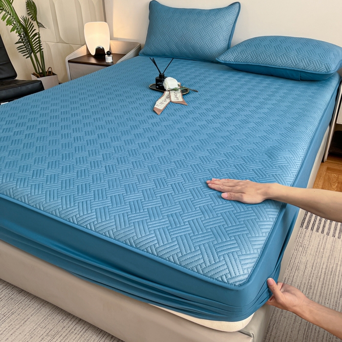 91家纺网 家纺一手货源 找家纺 梵克保罗 2025新款凉感丝床笠饼干系列凉席枕套 蓝色