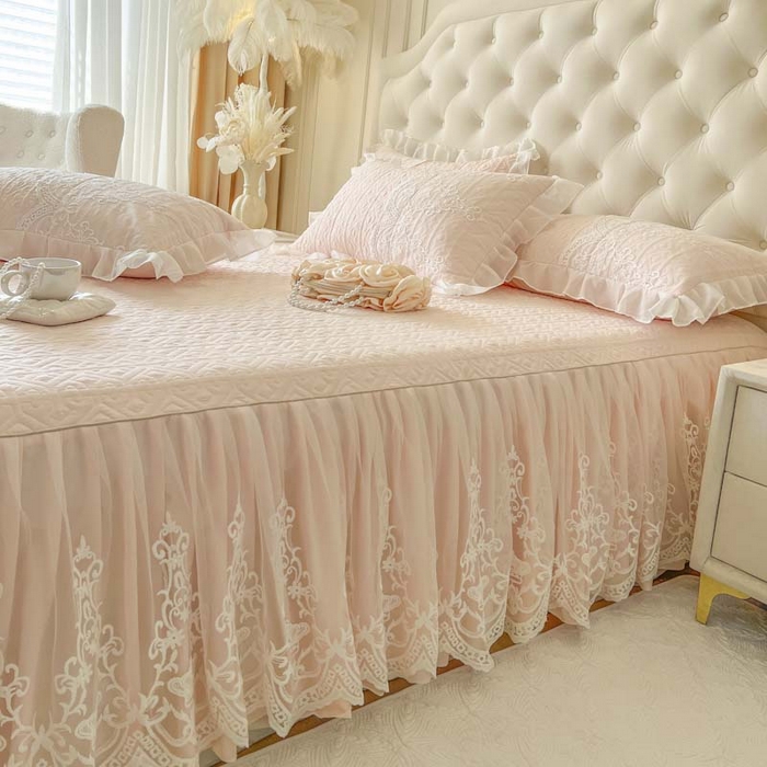 91家纺网 家纺一手货源 找家纺 （总）恋尚 2025新款木凉淳浪漫蕾丝床裙四件套-米朵